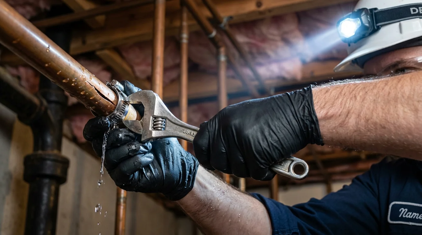 Emergency pipe clamp repair being performed by a Johns Plumbing LLC plumber in Tribes Hill